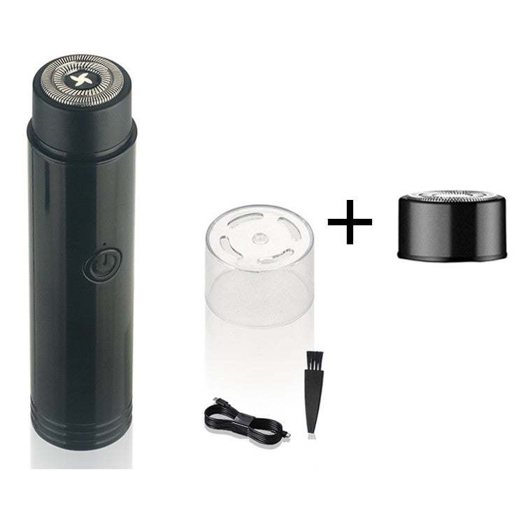 Portable mini electric shaver for men with black and silver design, showcasing shaving features.