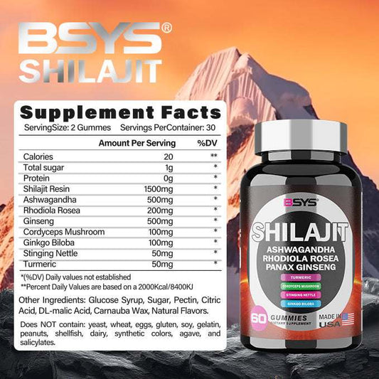 BSYS 8IN1 Shilajit Gummies 60's bottle with highlighted ingredients and USA origin.