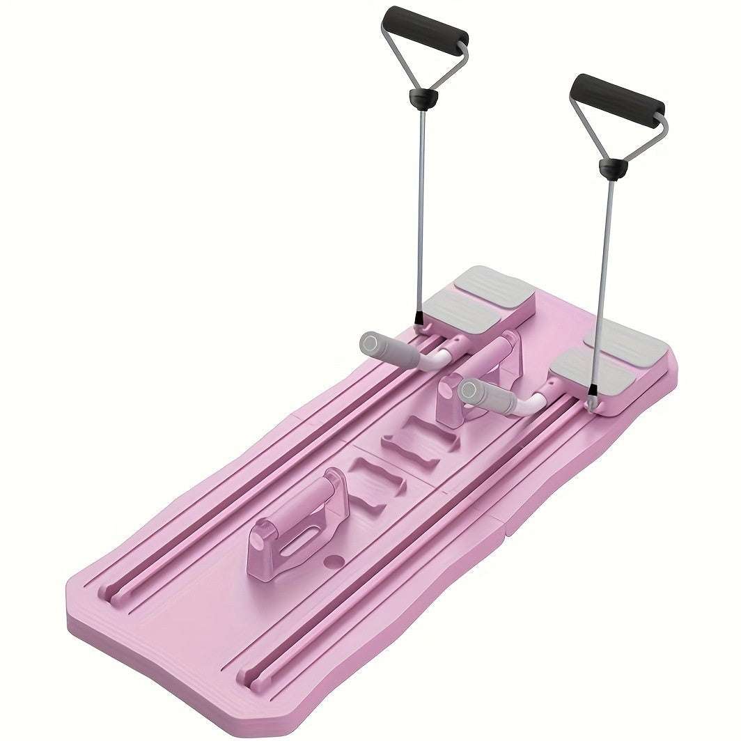 Multifunctional supine board-wheel in blue, compactly stored beside a sofa for home fitness.
