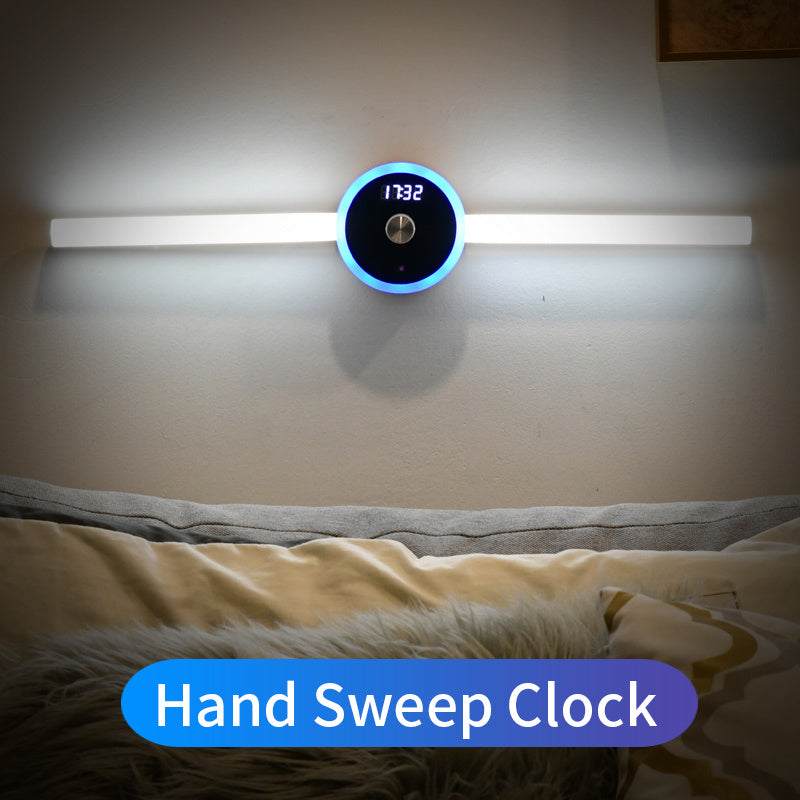 Smart cabinet light with clock and hand sweep timing feature, illuminating a wall.