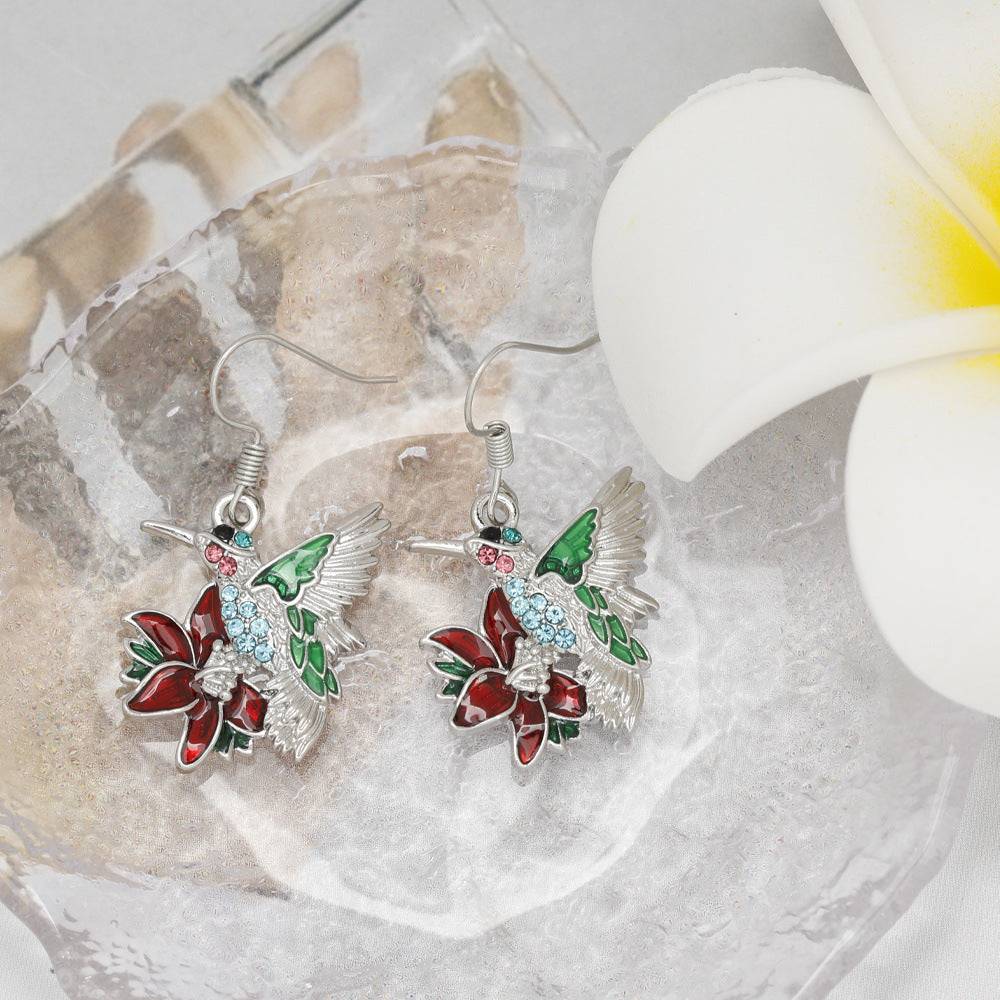 Colorful hummingbird full diamond pendant earrings in silver alloy with water droplets design, Korean style.