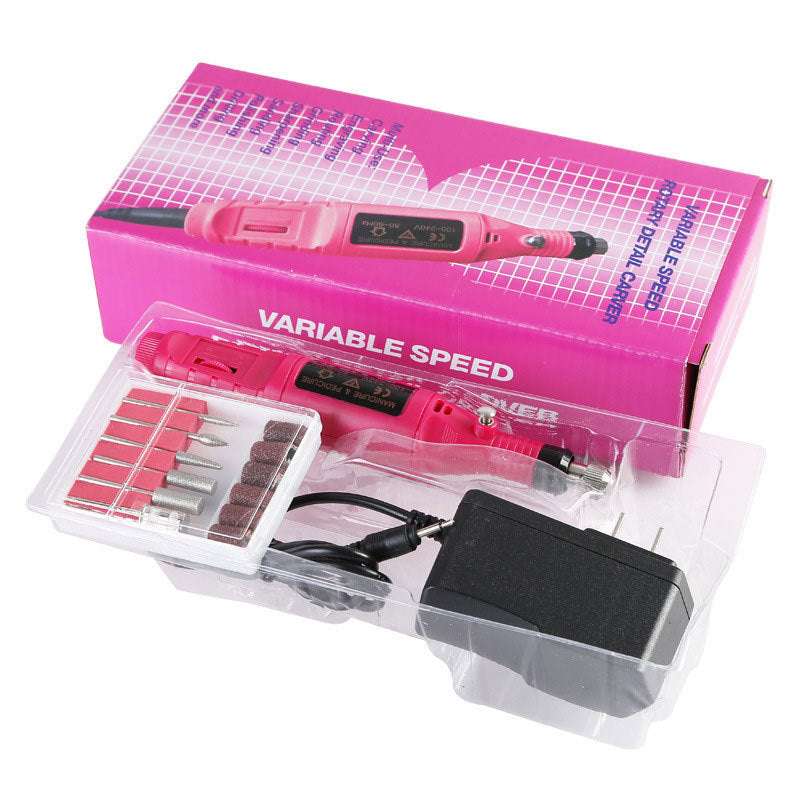 Electric nail polish machine pen with three color options, set of six polishing heads, and USB power line.