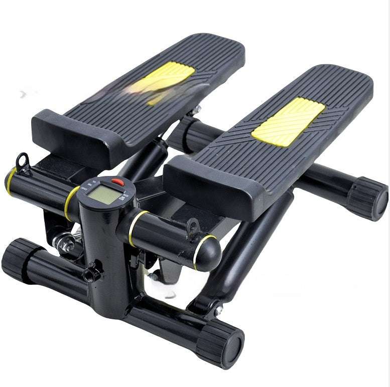 Mini treadmill fitness equipment with black and yellow striped design.