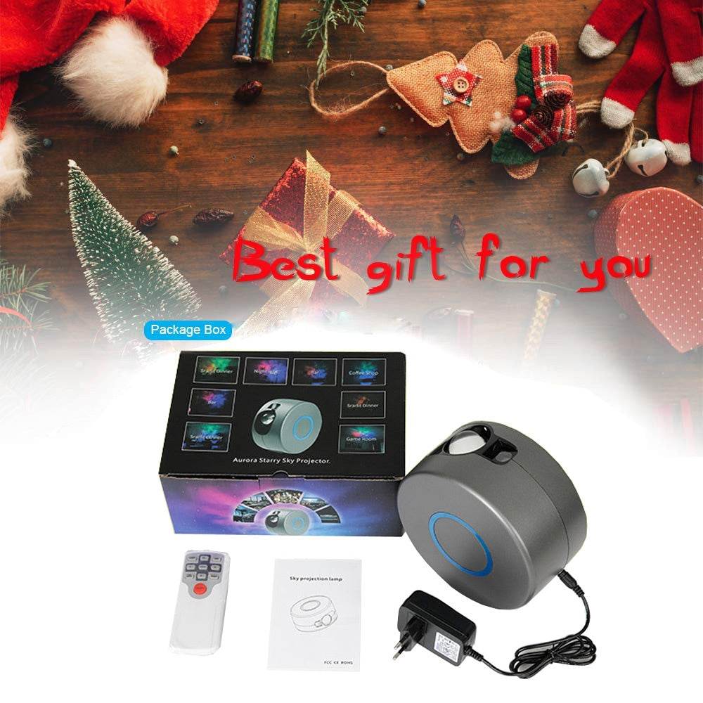 Galaxy Starry Sky Projector with rotating dynamic star projections in various colors, remote control, ideal for room decor and gifts.