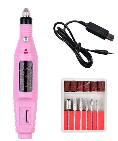 Electric nail polish machine pen with three color options, set of six polishing heads, and USB power line.