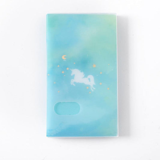 Plastic business card case in pink, open to show cards. Suitable for business gifts.