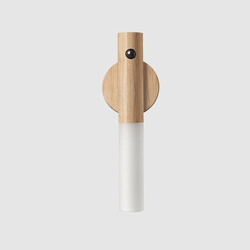 Auto LED USB magnetic wood wireless night light with PIR motion sensor for corridors, showing magnetic installation and soft illumination.