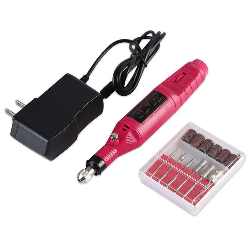 Electric nail polish machine pen with three color options, set of six polishing heads, and USB power line.