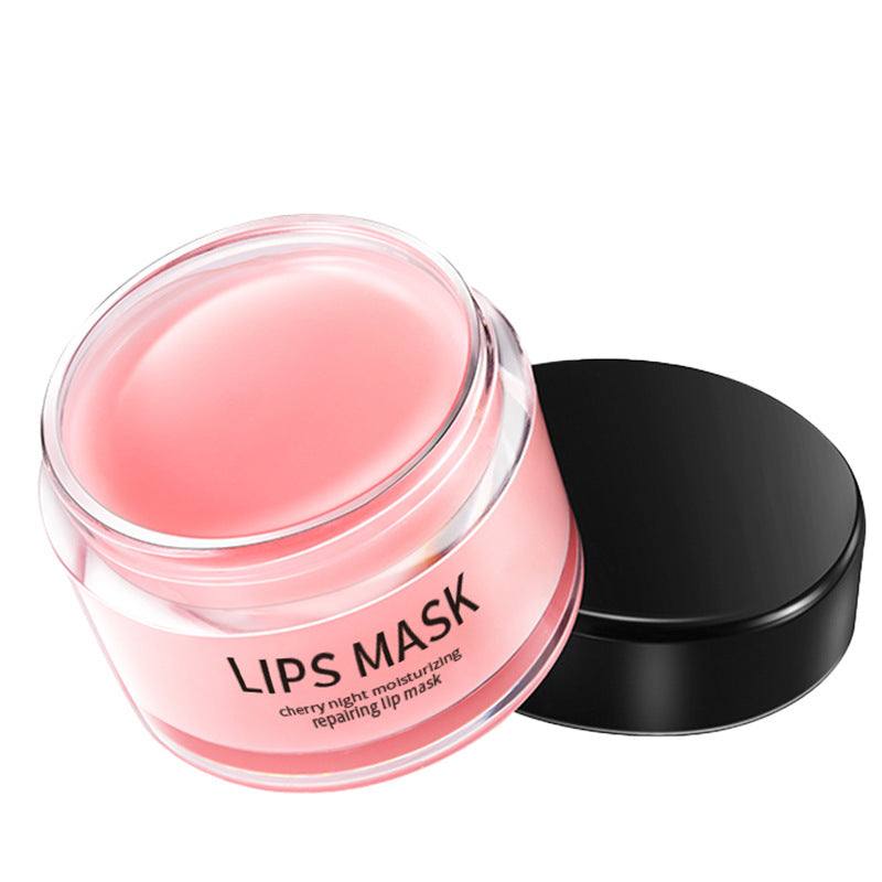 Lip Skin Care Moisturizing lip mask with cherries and black lid, perfect for hydrating and nourishing lips.