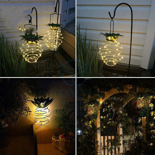 Outdoor waterproof pineapple solar lights with warm LED bulbs, ideal for garden decor.