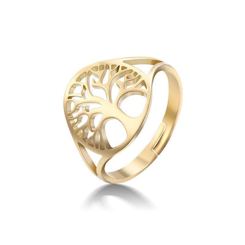Tree of Life stainless steel rings in silver, rose gold, and gold with a retro hollow design.