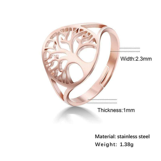 Tree of Life stainless steel rings in silver, rose gold, and gold with a retro hollow design.