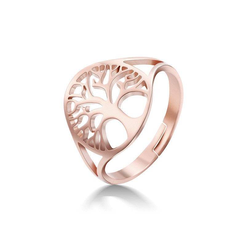 Tree of Life stainless steel rings in silver, rose gold, and gold with a retro hollow design.