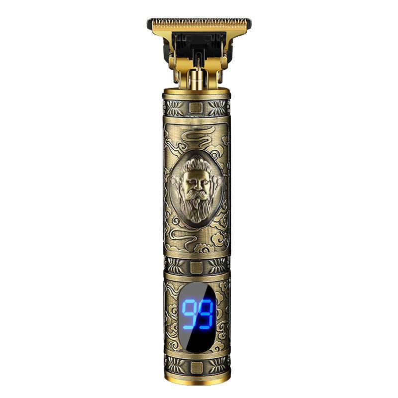 Electric hair clipper with Buddha design, interchangeable combs, USB cable, and cleaning brush.