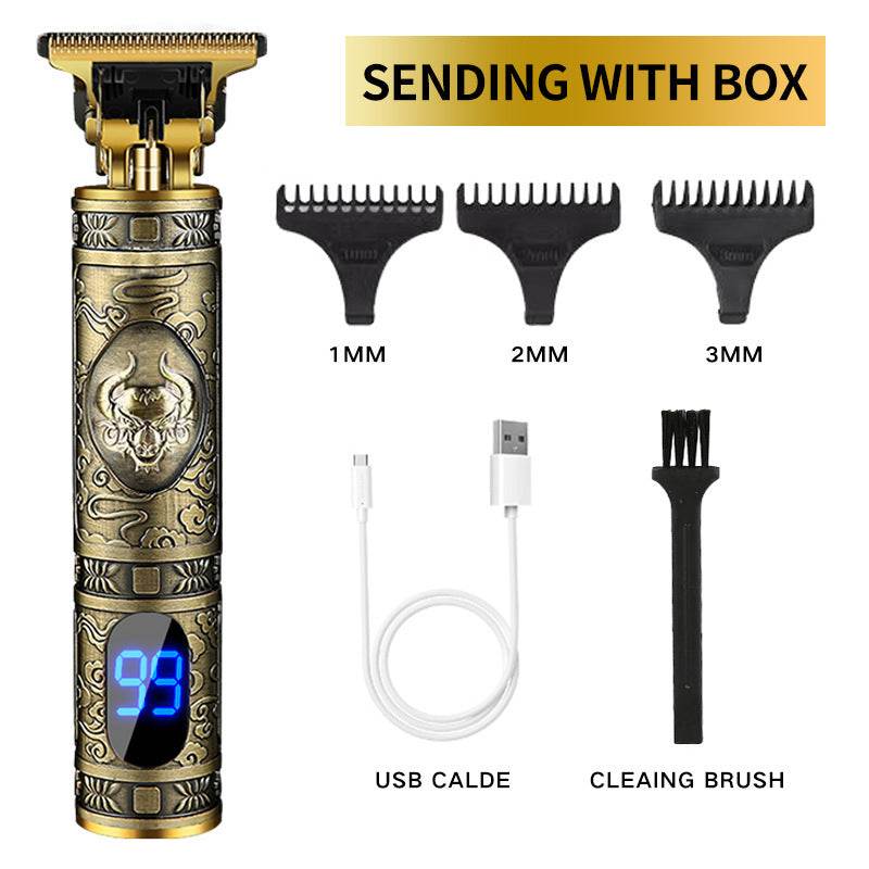 Electric hair clipper with Buddha design, interchangeable combs, USB cable, and cleaning brush.