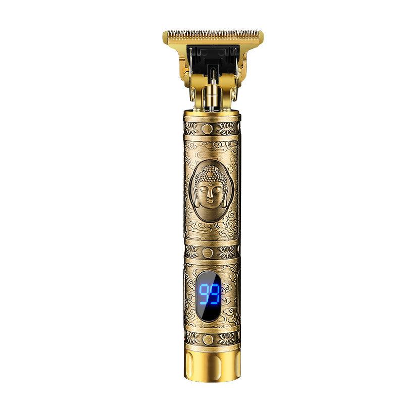 Electric hair clipper with Buddha design, interchangeable combs, USB cable, and cleaning brush.