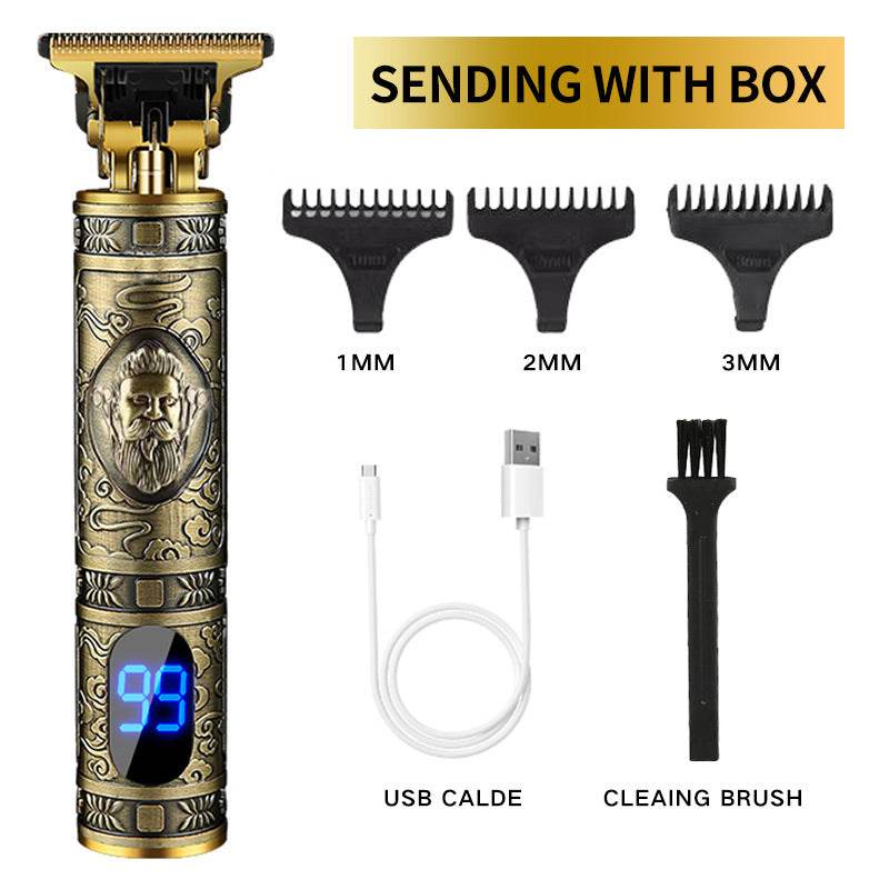 Electric hair clipper with Buddha design, interchangeable combs, USB cable, and cleaning brush.