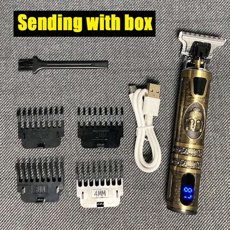 Electric hair clipper with LCD display, USB cable, and accessories including combs, brush, and ornate design.