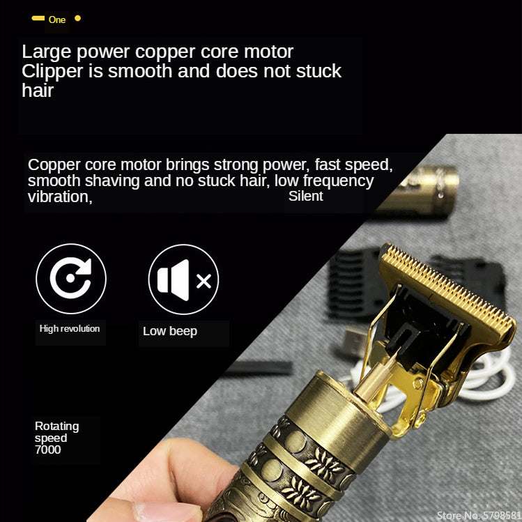 Electric hair clipper with LCD display, USB cable, and accessories including combs, brush, and ornate design.