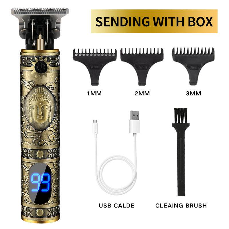 Electric hair clipper with Buddha design, interchangeable combs, USB cable, and cleaning brush.