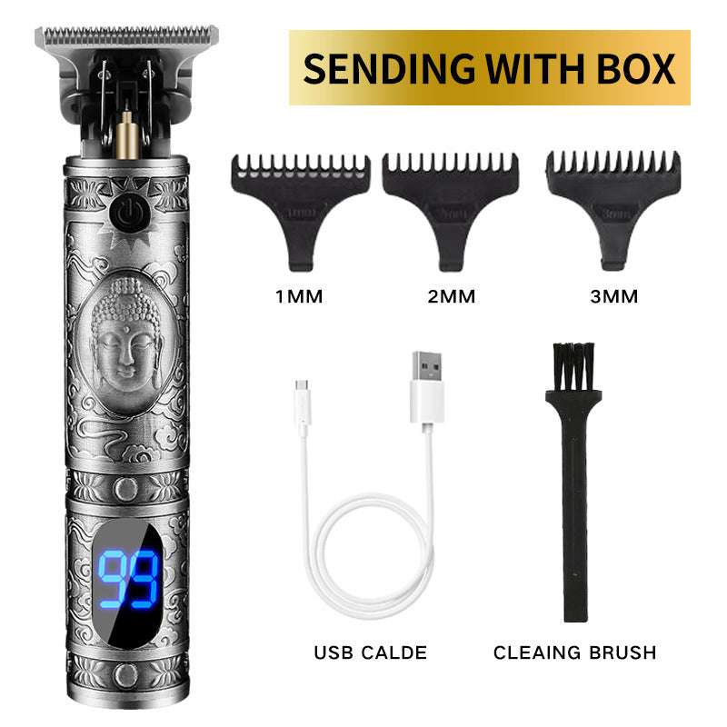 Electric hair clipper with Buddha design, interchangeable combs, USB cable, and cleaning brush.