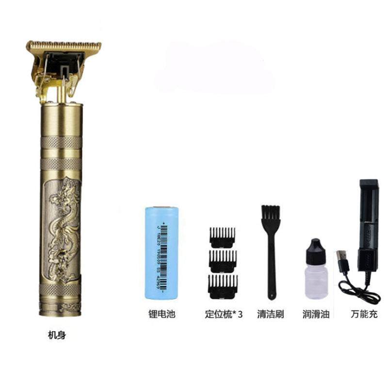 Electric hair clipper with Buddha design, interchangeable combs, USB cable, and cleaning brush.