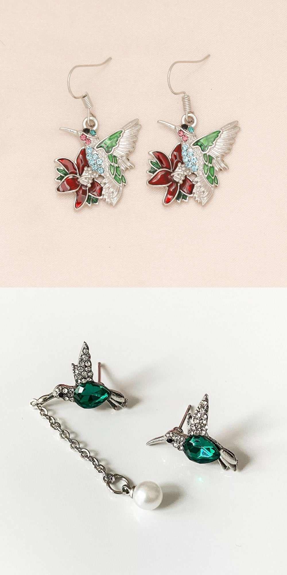 Colorful hummingbird full diamond pendant earrings in silver alloy with water droplets design, Korean style.