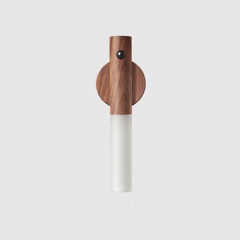 Auto LED USB magnetic wood wireless night light with PIR motion sensor for corridors, showing magnetic installation and soft illumination.