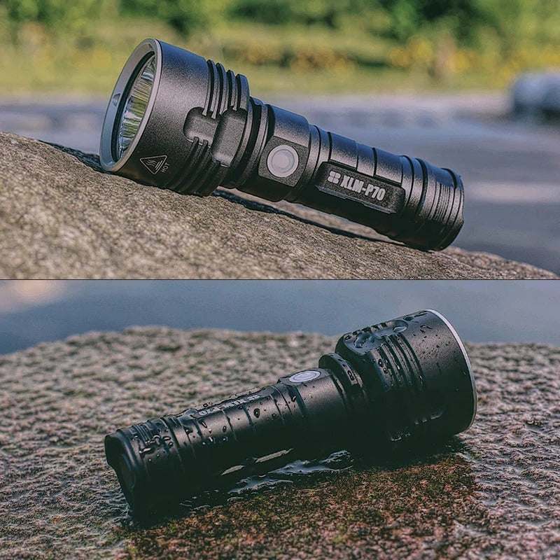 Strong Flashlight Rechargeable strong LED flashlight made from aluminum alloy, suitable for outdoor activities like camping and hiking.