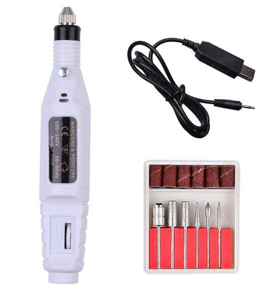 Electric nail polish machine pen with three color options, set of six polishing heads, and USB power line.
