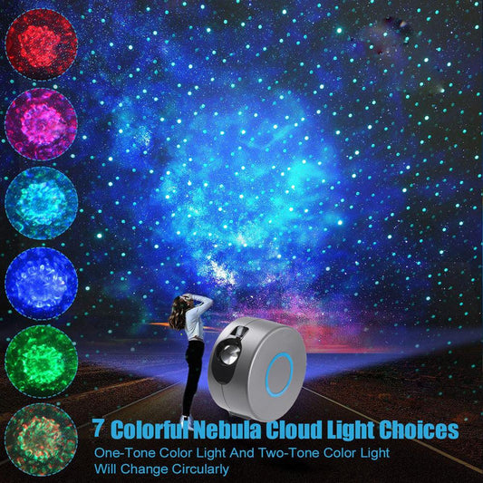 Galaxy Starry Sky Projector with rotating dynamic star projections in various colors, remote control, ideal for room decor and gifts.