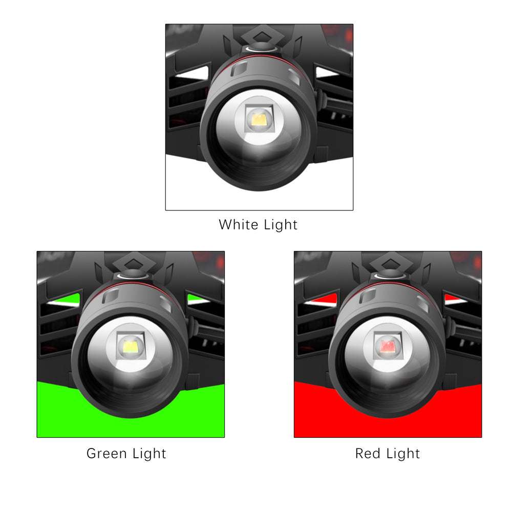 T6 white light LED headlamp with white, red, and green light options, zoom feature, rechargeable with USB charger and batteries included.