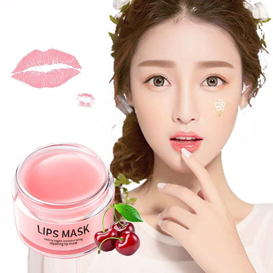 Lip Skin Care Moisturizing lip mask with cherries and black lid, perfect for hydrating and nourishing lips.