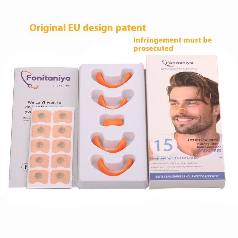 Nasal Respiratory Dilator with magnetic nose clips and adhesive strips for improved airflow.