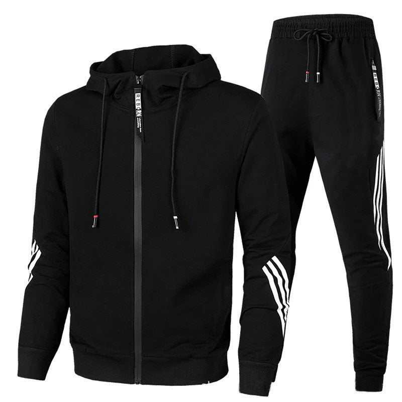 Men's leisure sports suit in navy blue with orange accents, hooded long-sleeve top, and trousers, suitable for spring and autumn.