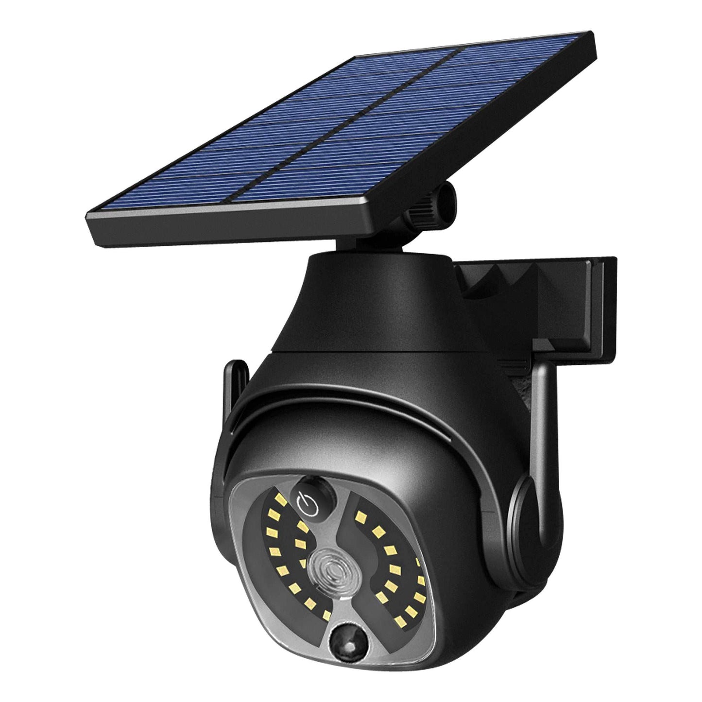 Solar powered outdoor courtyard light with human sensing, waterproof, and adjustable solar panel.