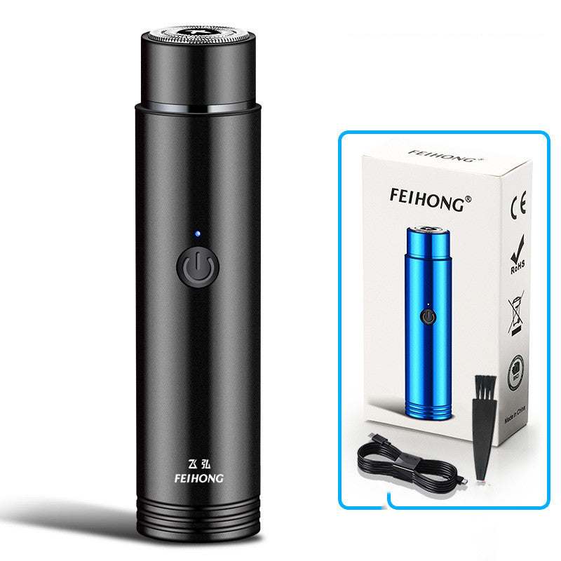 Portable mini electric shaver for men with black and silver design, showcasing shaving features.
