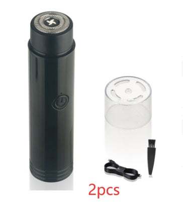 Portable mini electric shaver for men with black and silver design, showcasing shaving features.