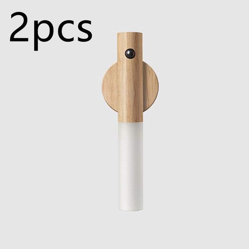 Auto LED USB magnetic wood wireless night light with PIR motion sensor for corridors, showing magnetic installation and soft illumination.