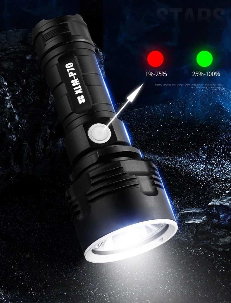 Strong Flashlight Rechargeable strong LED flashlight made from aluminum alloy, suitable for outdoor activities like camping and hiking.