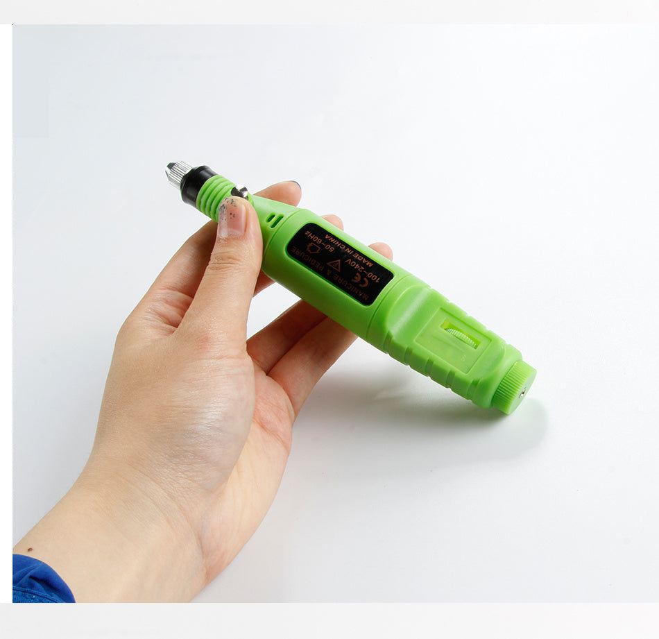 Electric nail polish machine pen with three color options, set of six polishing heads, and USB power line.