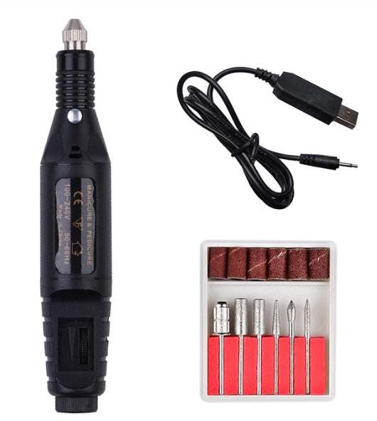 Electric nail polish machine pen with three color options, set of six polishing heads, and USB power line.