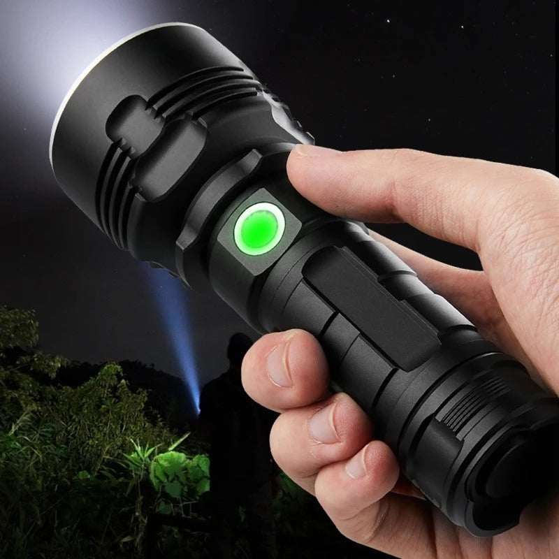 Strong Flashlight Rechargeable strong LED flashlight made from aluminum alloy, suitable for outdoor activities like camping and hiking.