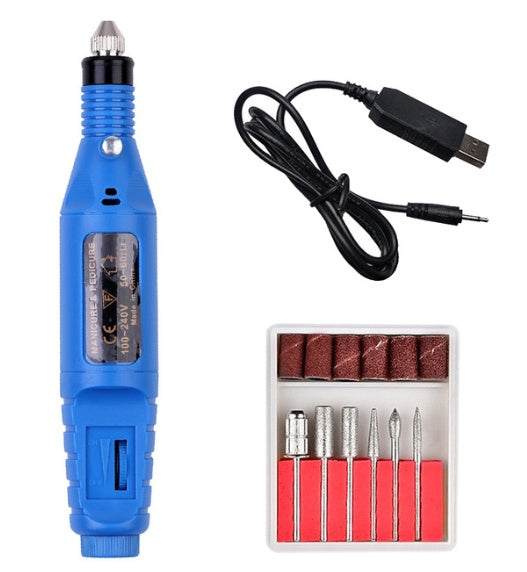 Electric nail polish machine pen with three color options, set of six polishing heads, and USB power line.