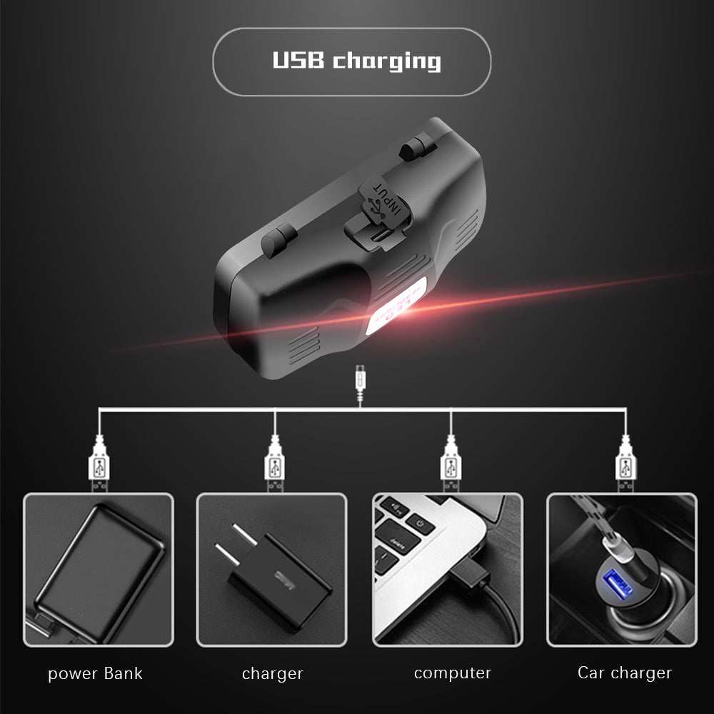 T6 white light LED headlamp with white, red, and green light options, zoom feature, rechargeable with USB charger and batteries included.