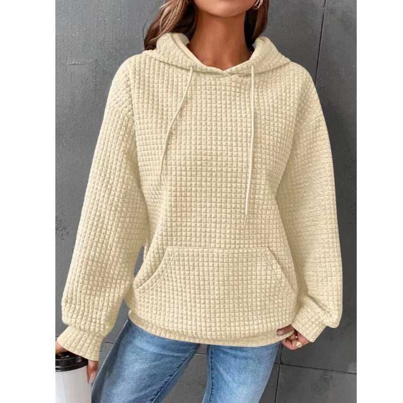 Women's loose casual solid color long-sleeved sweater with hood, available in multiple colors.