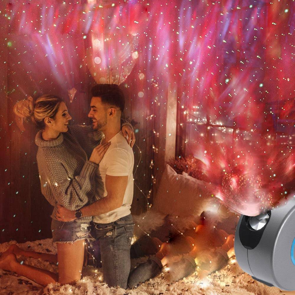 Galaxy Starry Sky Projector with rotating dynamic star projections in various colors, remote control, ideal for room decor and gifts.