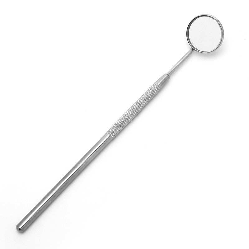 Stainless steel dentist tool set with dental mirror and black case.