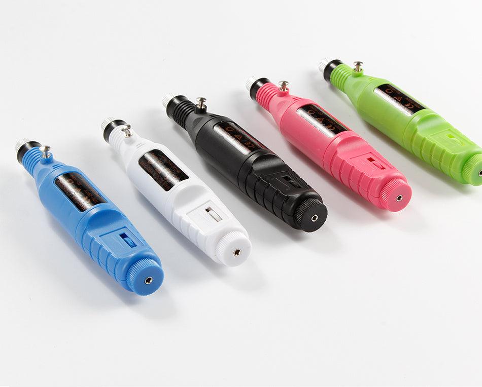 Electric nail polish machine pen with three color options, set of six polishing heads, and USB power line.