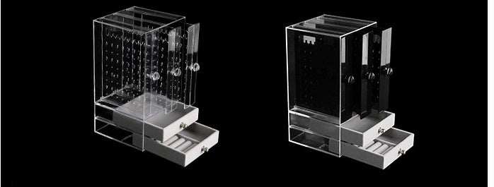 Acrylic cosmetic storage box with clear plastic design and multiple compartments for organizing makeup.